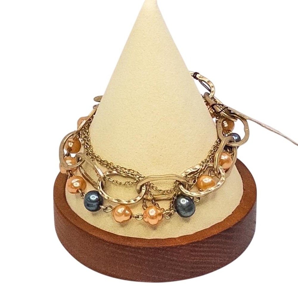 Premier Designs Gold Tone Multi Strand Faux Pearl Toggle Bracelet Hammered Links